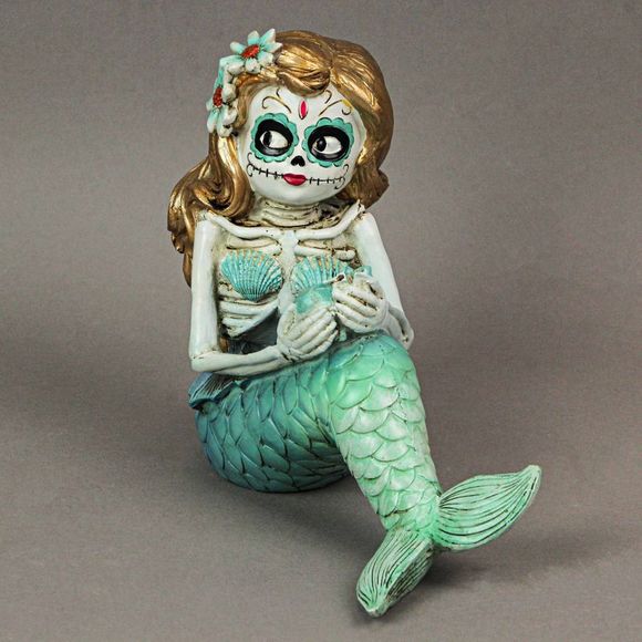 Day of the Dead Sugar Skull Skeleton Mermaid Statue 7 Inches High - Picture 9 of 10